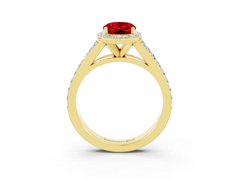 Yellow gold Oval Cut Ruby Split Shank Halo Ring with Four-Prong Setting_15