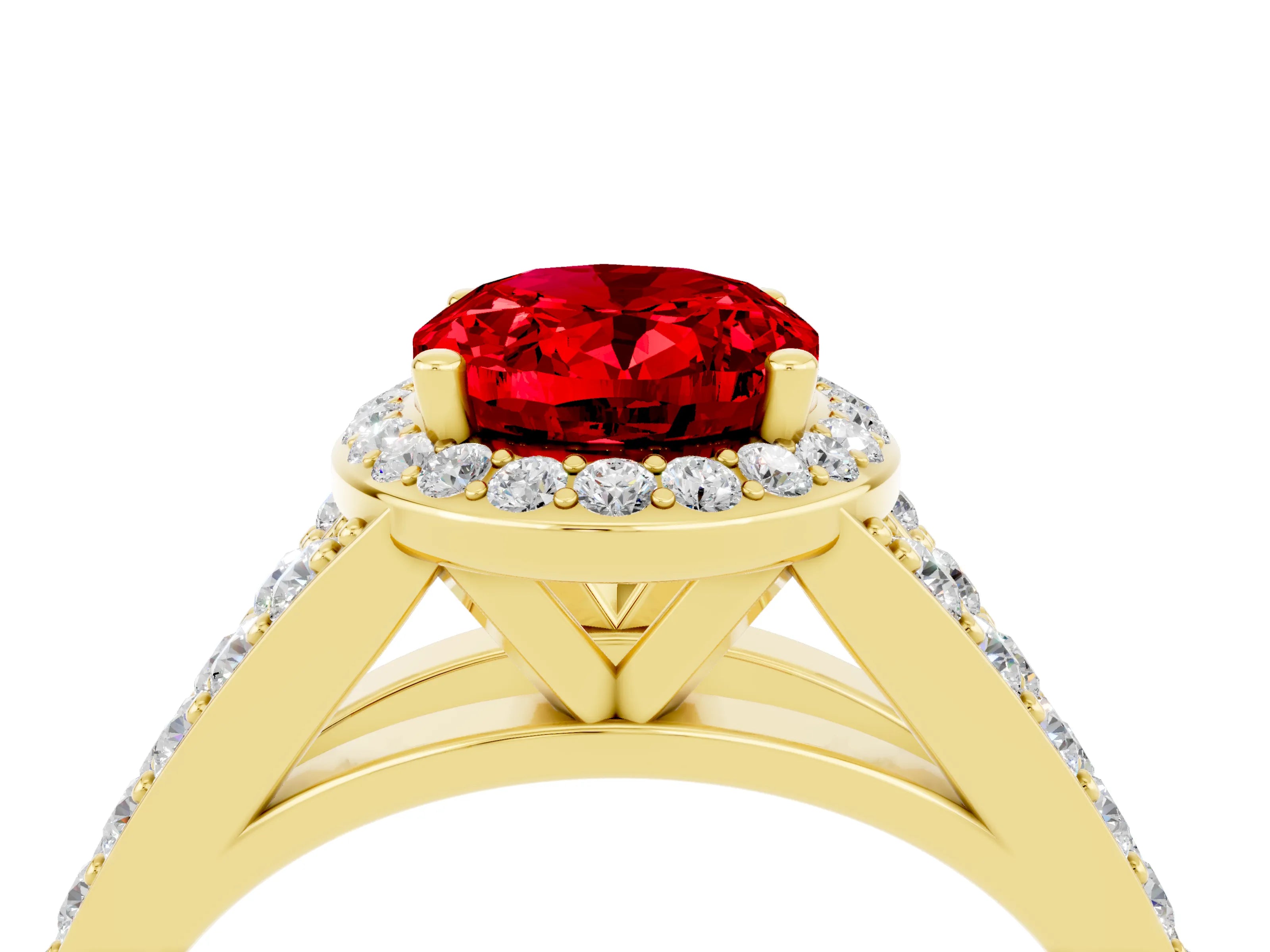 Yellow gold Oval Cut Ruby Split Shank Halo Ring with Four-Prong Setting_16
