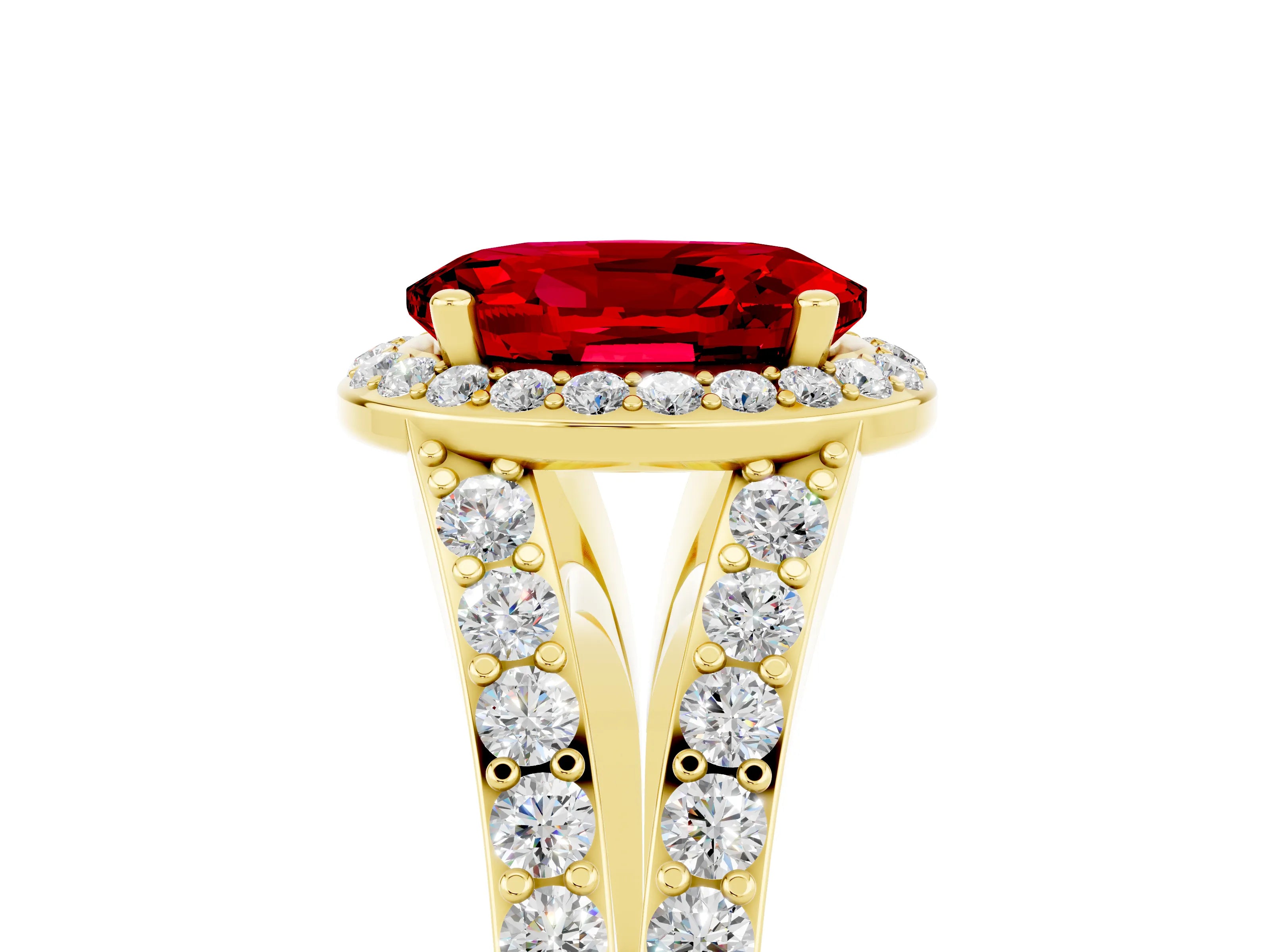 Yellow gold Oval Cut Ruby Split Shank Halo Ring with Four-Prong Setting_17