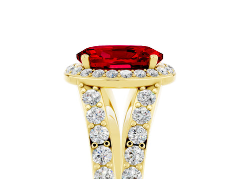 Yellow gold Oval Cut Ruby Split Shank Halo Ring with Four-Prong Setting_17