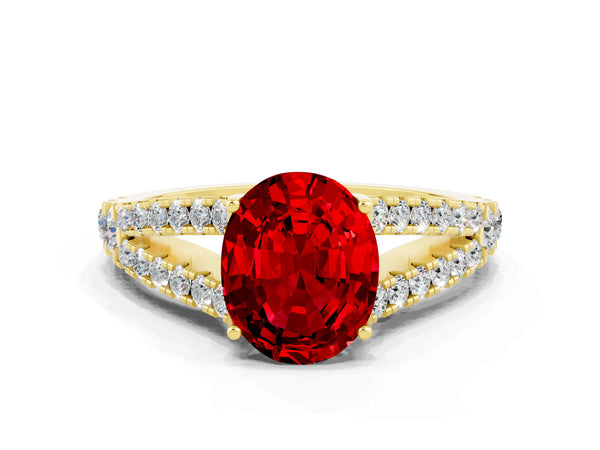 Yellow gold Oval Cut Ruby Split Shank Pavé Engagement Ring with Four-Prong Setting