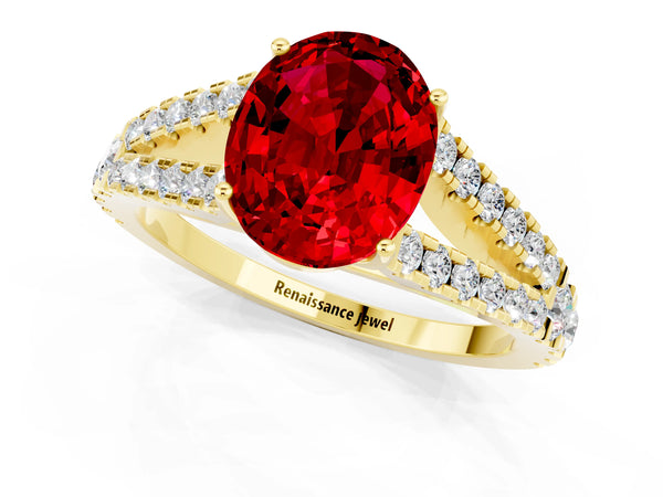 Yellow gold Oval Cut Ruby Split Shank Pavé Engagement Ring with Four-Prong Setting