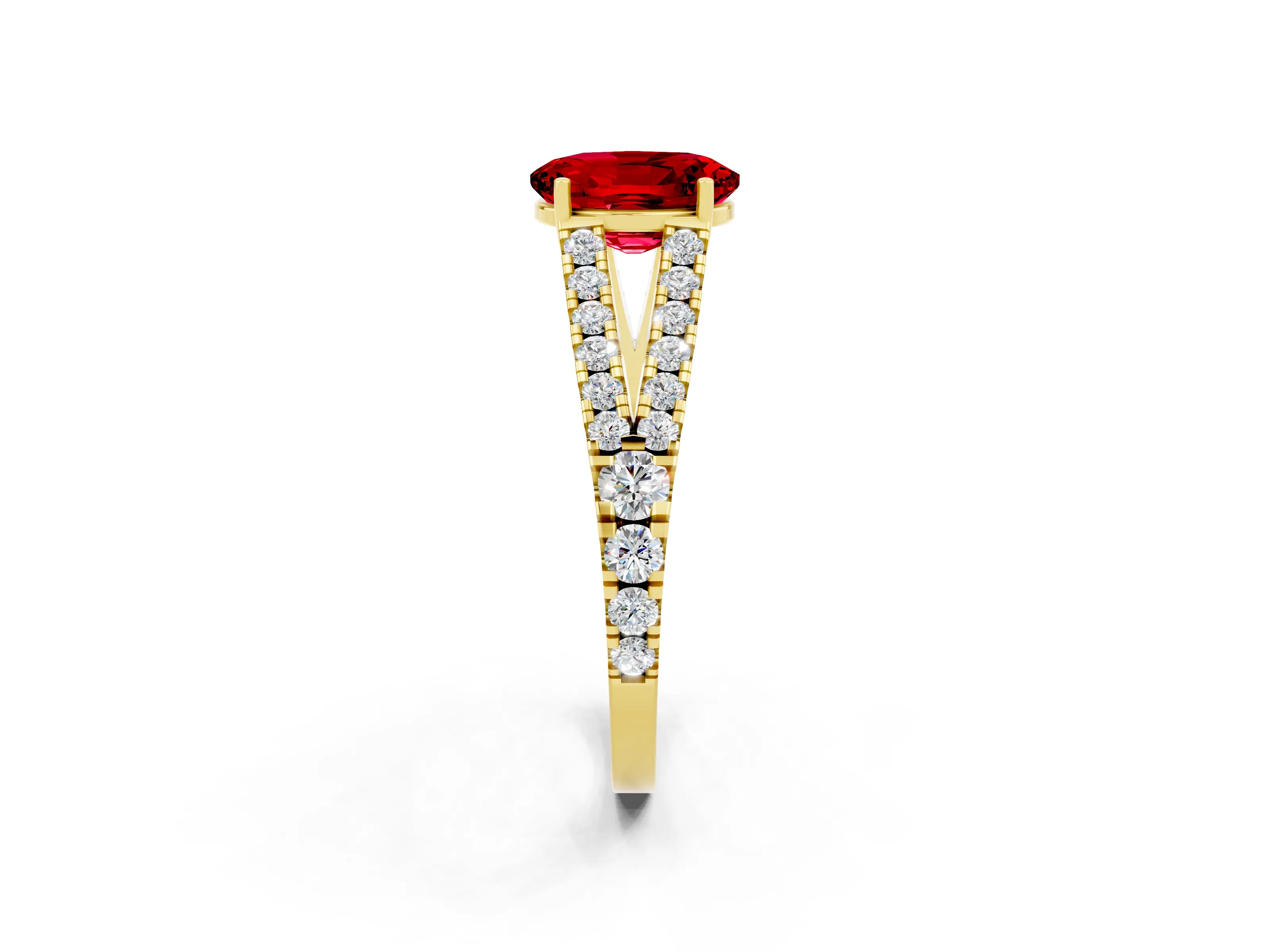 Yellow gold Oval Cut Ruby Split Shank Pavé Engagement Ring with Four-Prong Setting_14