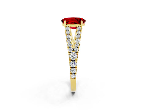 Yellow gold Oval Cut Ruby Split Shank Pavé Engagement Ring with Four-Prong Setting_14