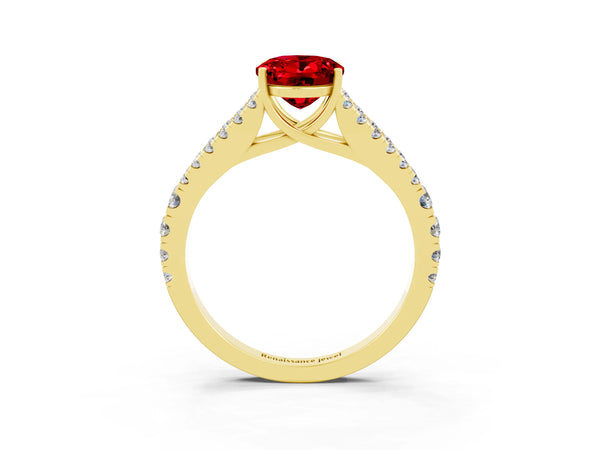 Yellow gold Oval Cut Ruby Split Shank Pavé Engagement Ring with Four-Prong Setting