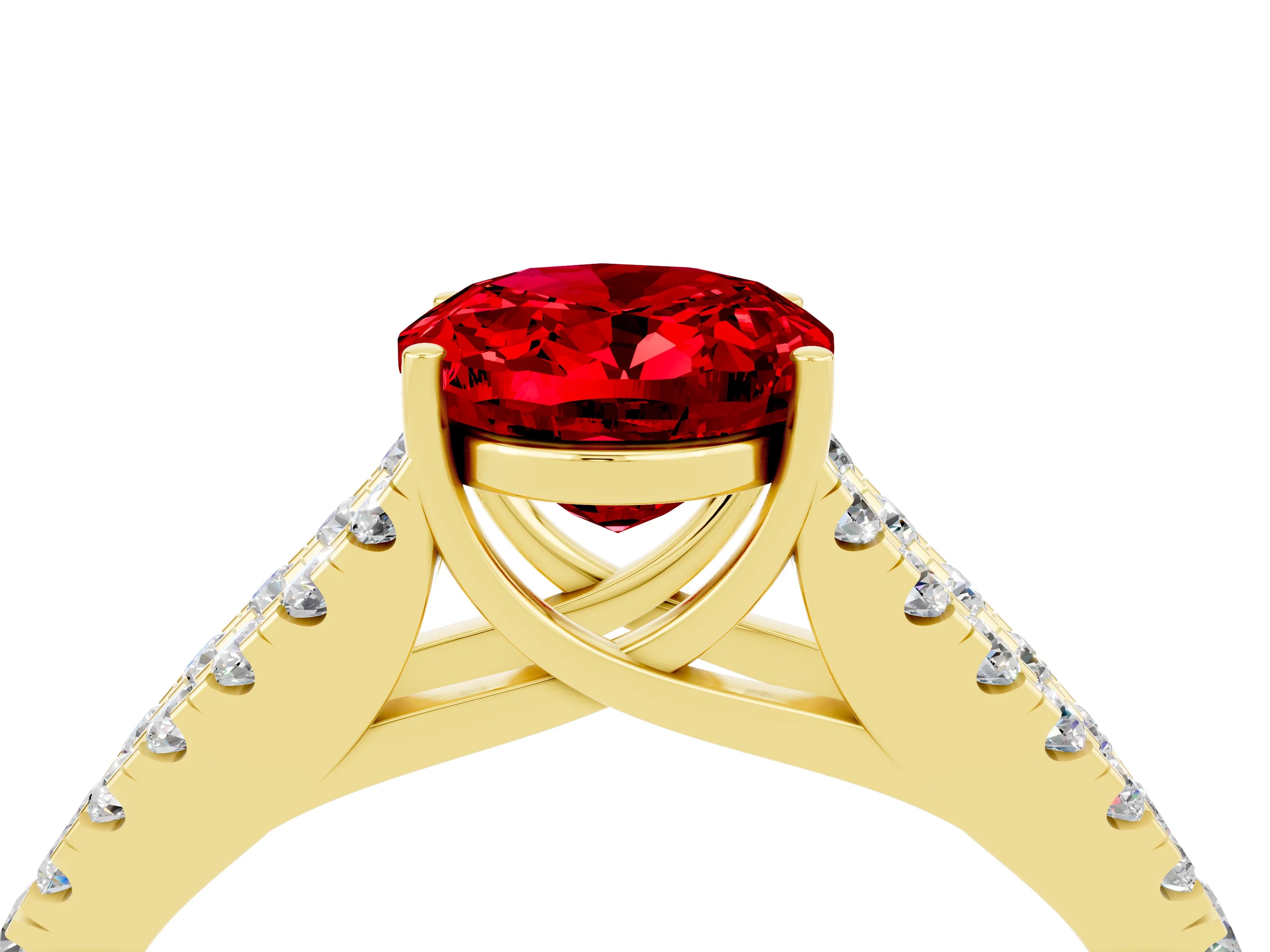 Yellow gold Oval Cut Ruby Split Shank Pavé Engagement Ring with Four-Prong Setting_16
