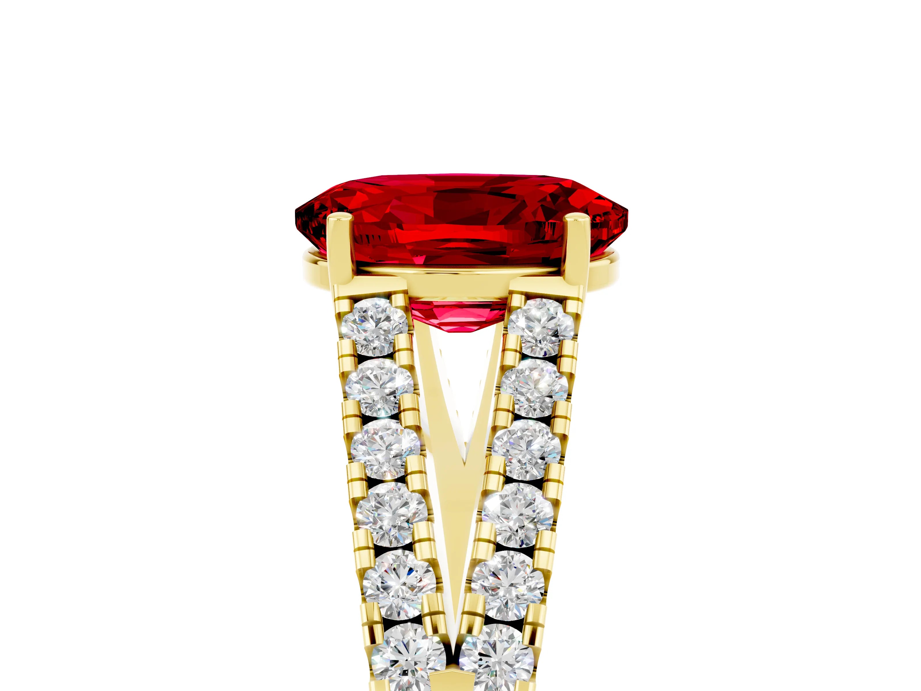 Yellow gold Oval Cut Ruby Split Shank Pavé Engagement Ring with Four-Prong Setting_17