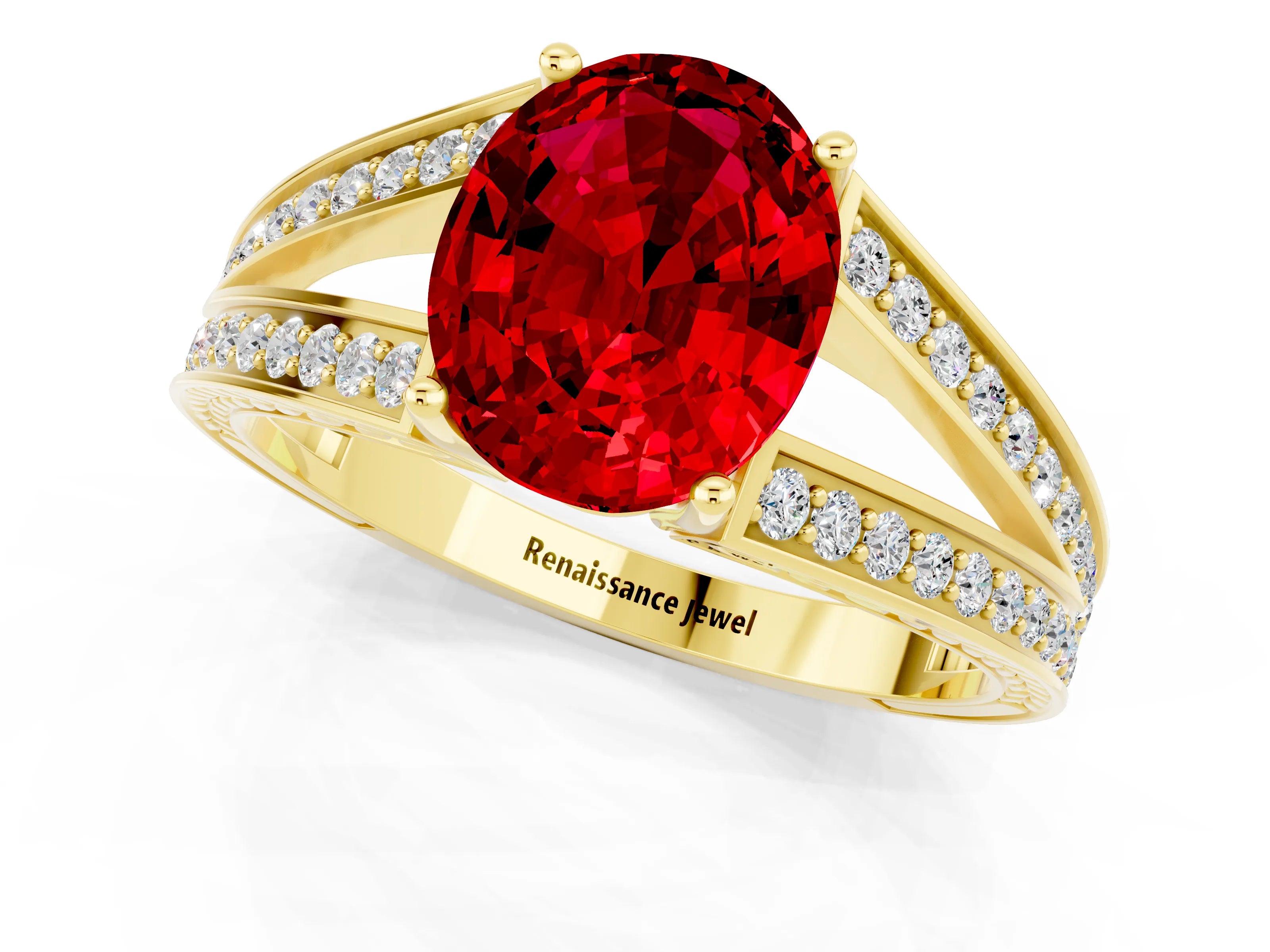Yellow gold Oval Cut Ruby Split Shank Ring with Pavé Band and Four-Prong Setting_1