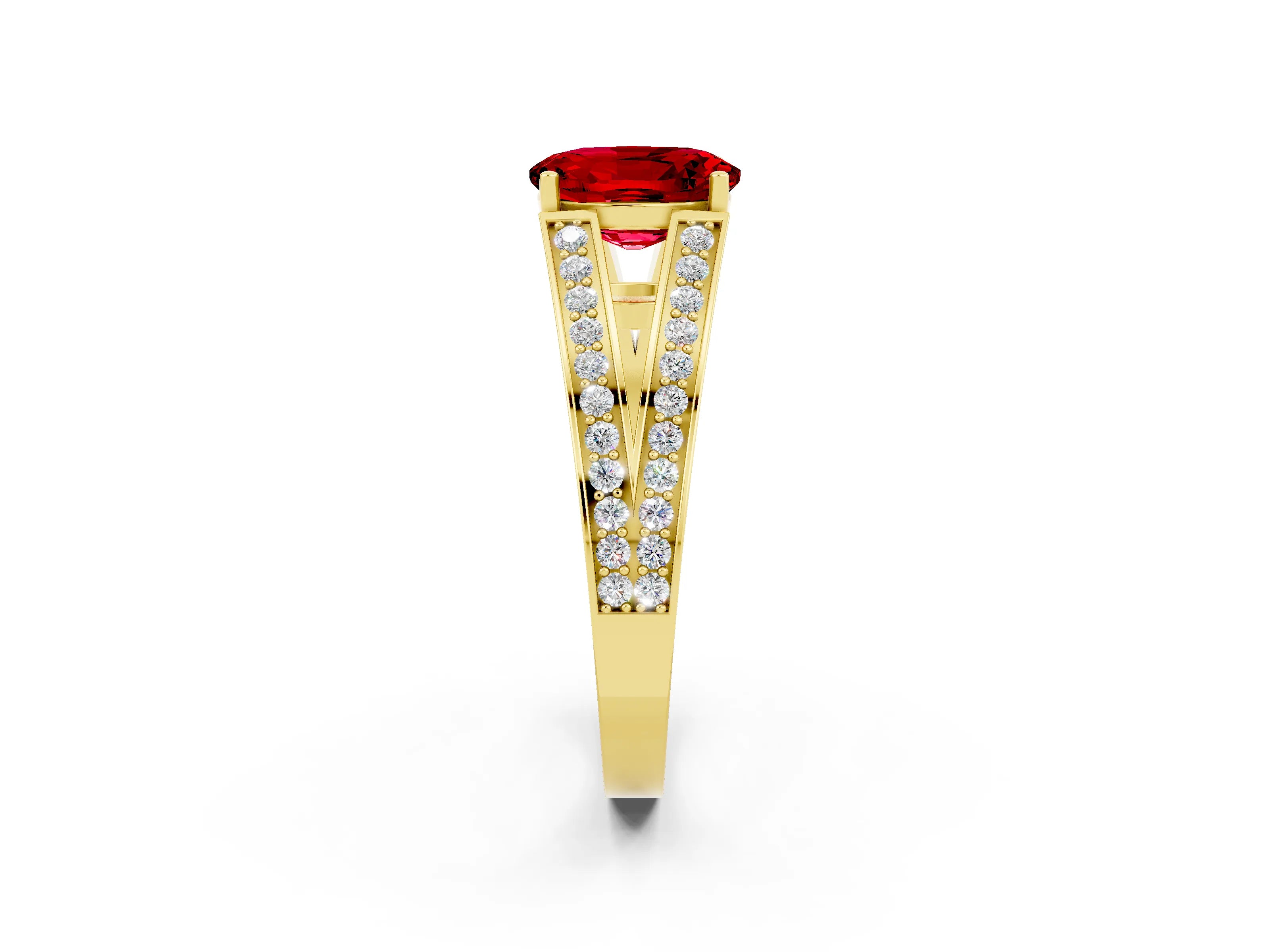 Yellow gold Oval Cut Ruby Split Shank Ring with Pavé Band and Four-Prong Setting_2