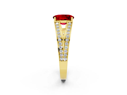Yellow gold Oval Cut Ruby Split Shank Ring with Pavé Band and Four-Prong Setting_2