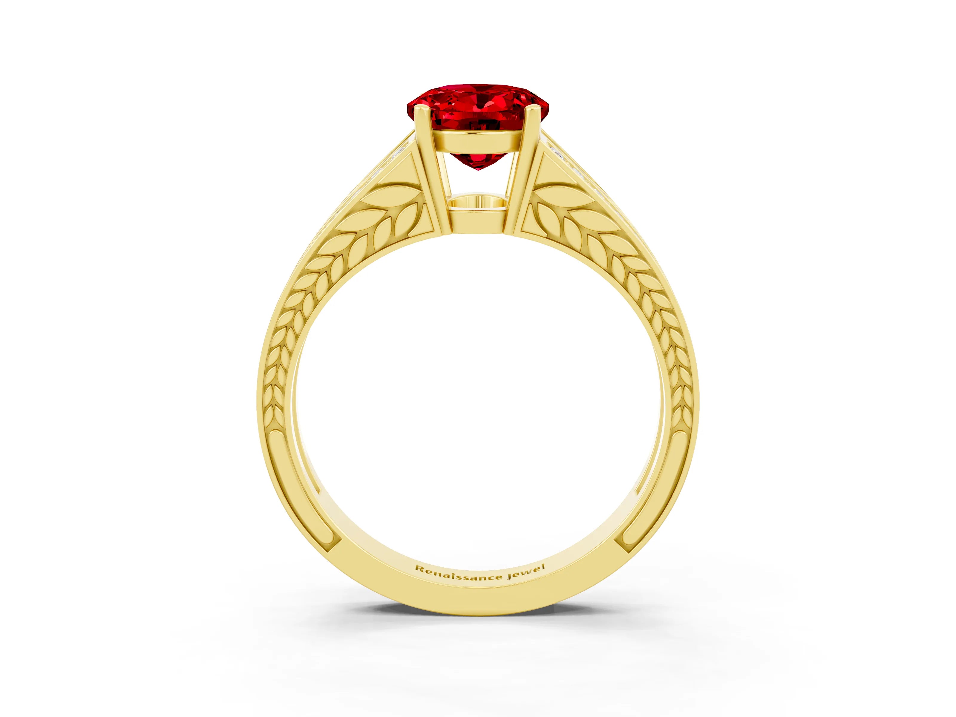 Yellow gold Oval Cut Ruby Split Shank Ring with Pavé Band and Four-Prong Setting_3
