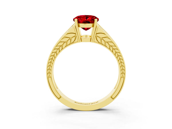 Yellow gold Oval Cut Ruby Split Shank Ring with Pavé Band and Four-Prong Setting