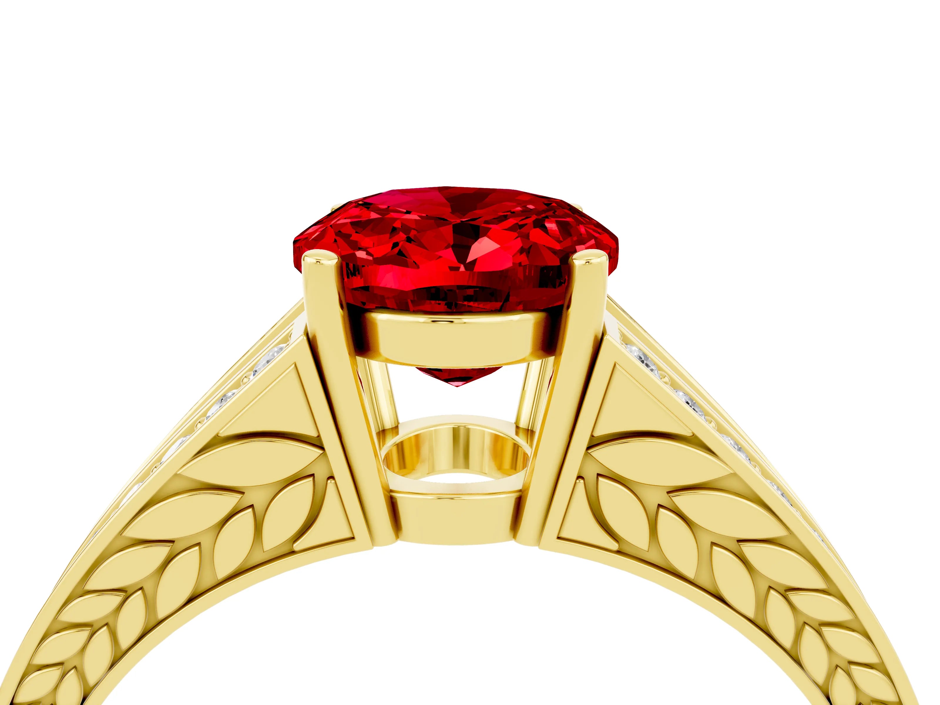 Yellow gold Oval Cut Ruby Split Shank Ring with Pavé Band and Four-Prong Setting_4