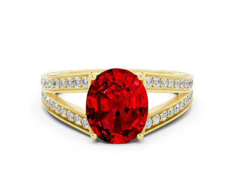 Yellow gold Oval Cut Ruby Split Shank Ring with Pavé Band and Four-Prong Setting