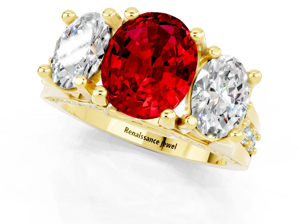 Yellow gold Oval Cut Ruby Three-Stone Ring with Channel Set Band and Four-Prong Setting