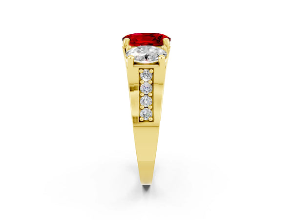 Yellow gold Oval Cut Ruby Three-Stone Ring with Channel Set Band and Four-Prong Setting