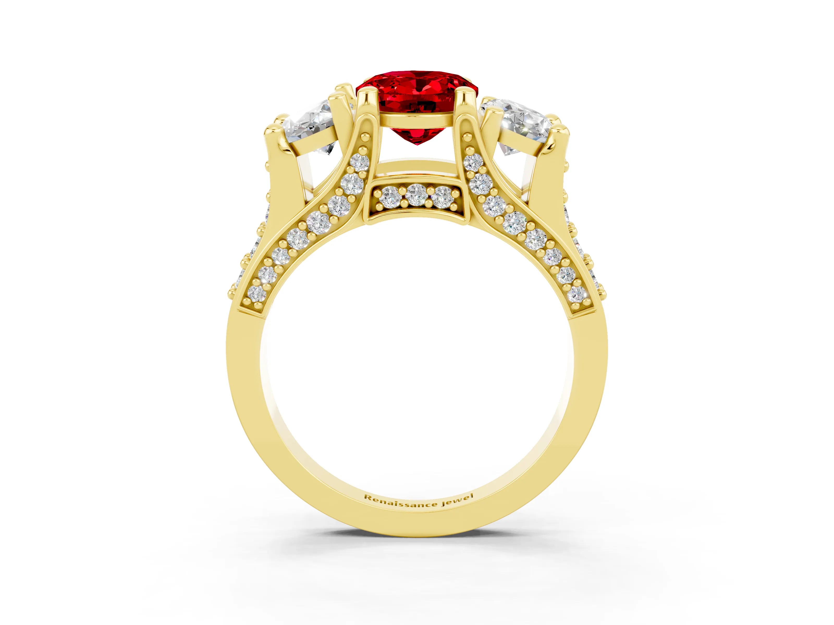 Yellow gold Oval Cut Ruby Three-Stone Ring with Channel Set Band and Four-Prong Setting_3