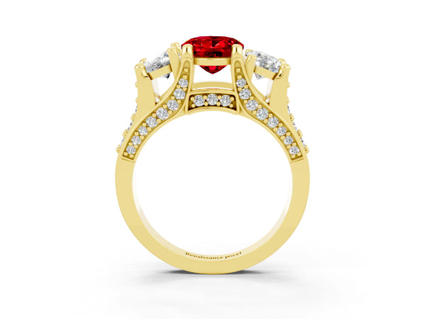 Yellow gold Oval Cut Ruby Three-Stone Ring with Channel Set Band and Four-Prong Setting