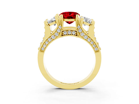 Yellow gold Oval Cut Ruby Three-Stone Ring with Channel Set Band and Four-Prong Setting_3