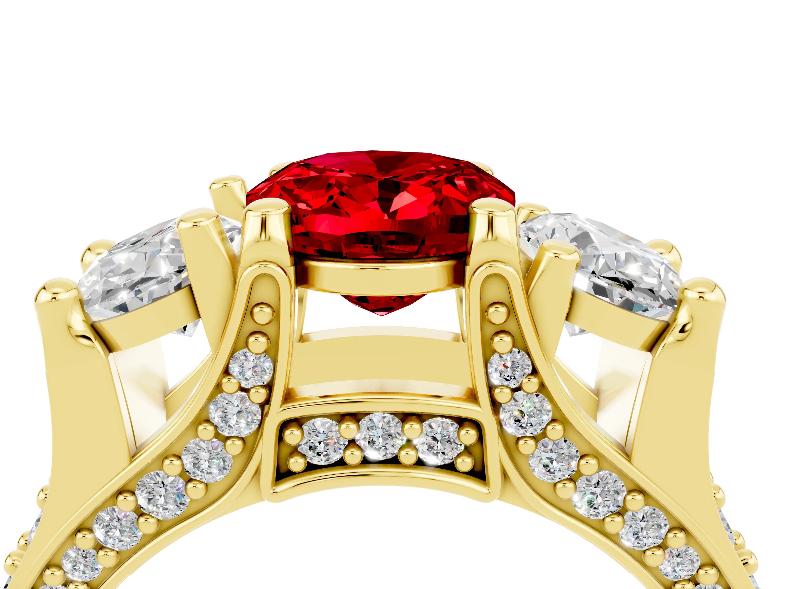 Yellow gold Oval Cut Ruby Three-Stone Ring with Channel Set Band and Four-Prong Setting_4
