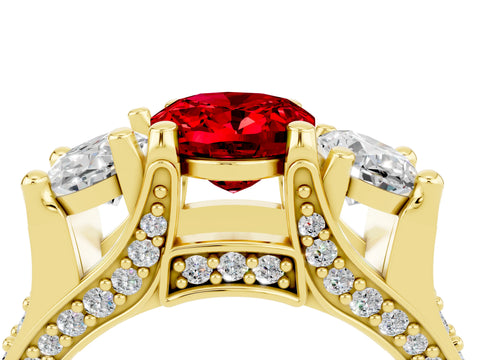 Yellow gold Oval Cut Ruby Three-Stone Ring with Channel Set Band and Four-Prong Setting_4