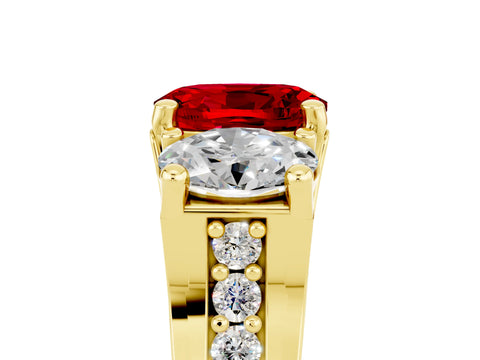 Yellow gold Oval Cut Ruby Three-Stone Ring with Channel Set Band and Four-Prong Setting_5