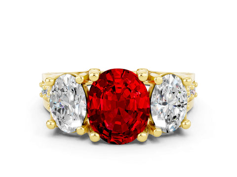 Yellow gold Oval Cut Ruby Three-Stone Ring with Channel Set Band and Four-Prong Setting