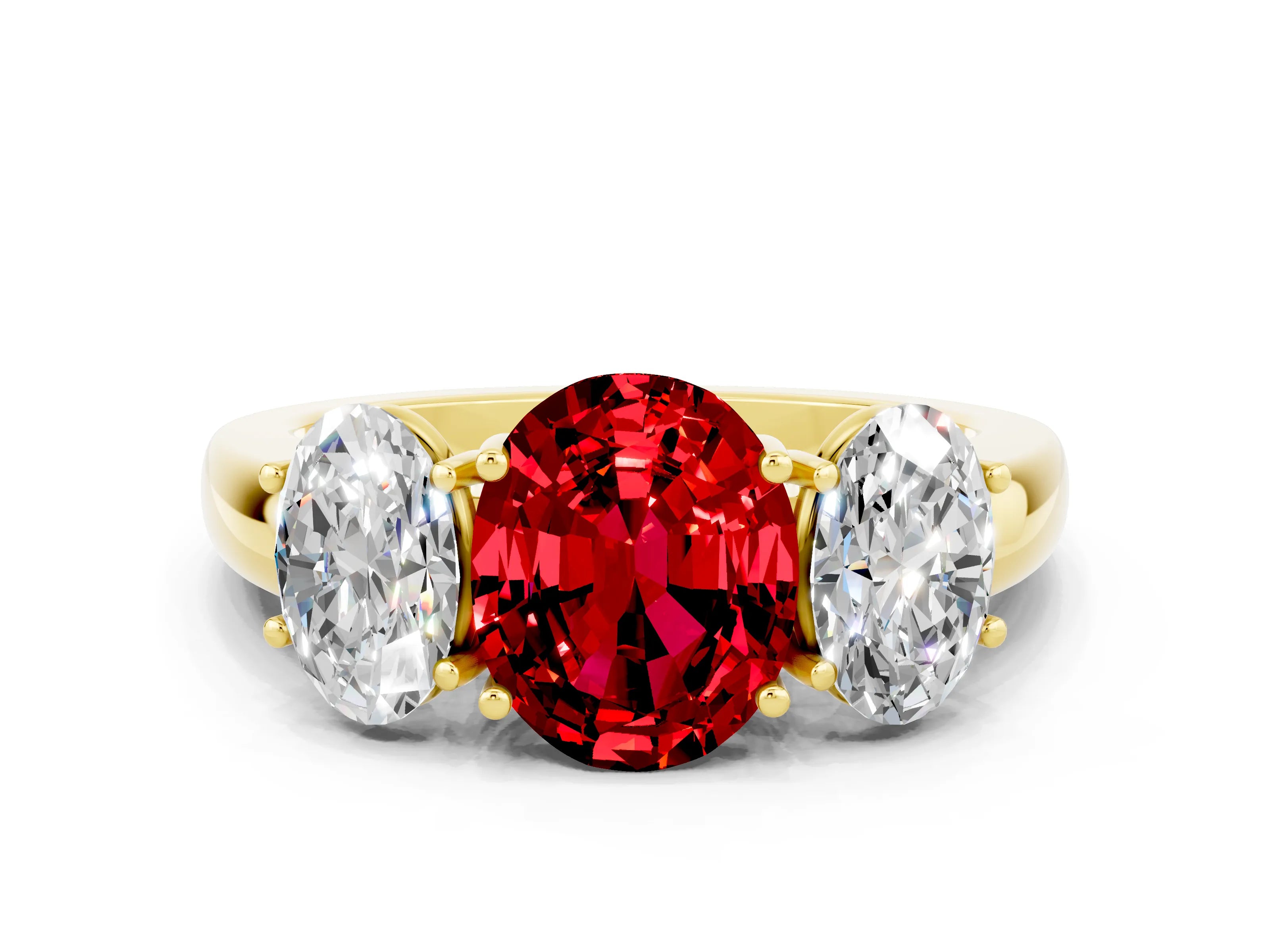 Yellow gold Oval Cut Ruby Three-Stone Ring with Four-Prong Setting and Classic Band