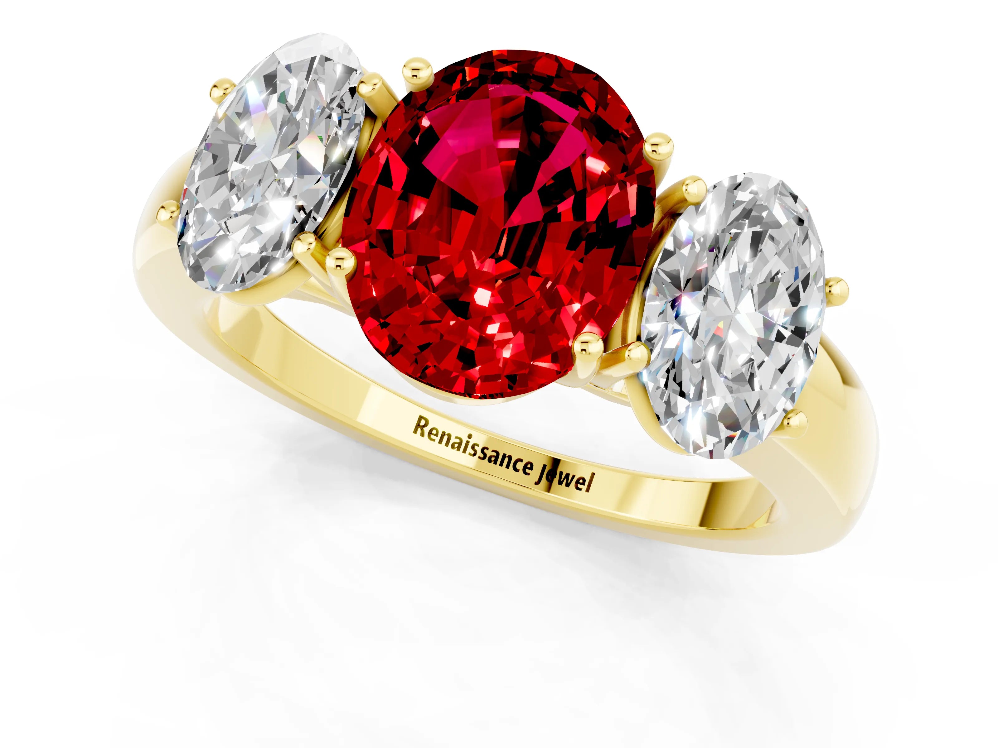 Yellow gold Oval Cut Ruby Three-Stone Ring with Four-Prong Setting and Classic Band_1