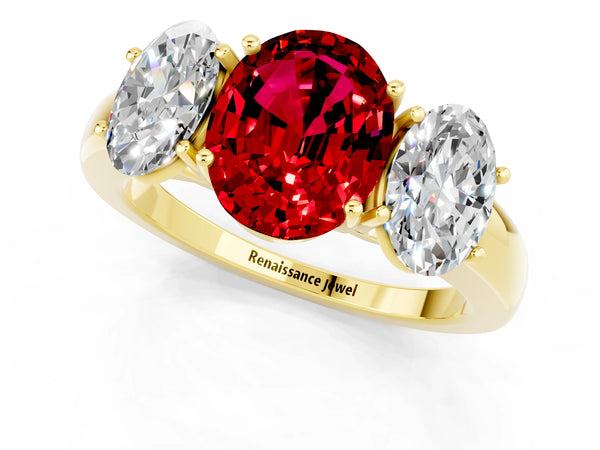 Yellow gold Oval Cut Ruby Three-Stone Ring with Four-Prong Setting and Classic Band