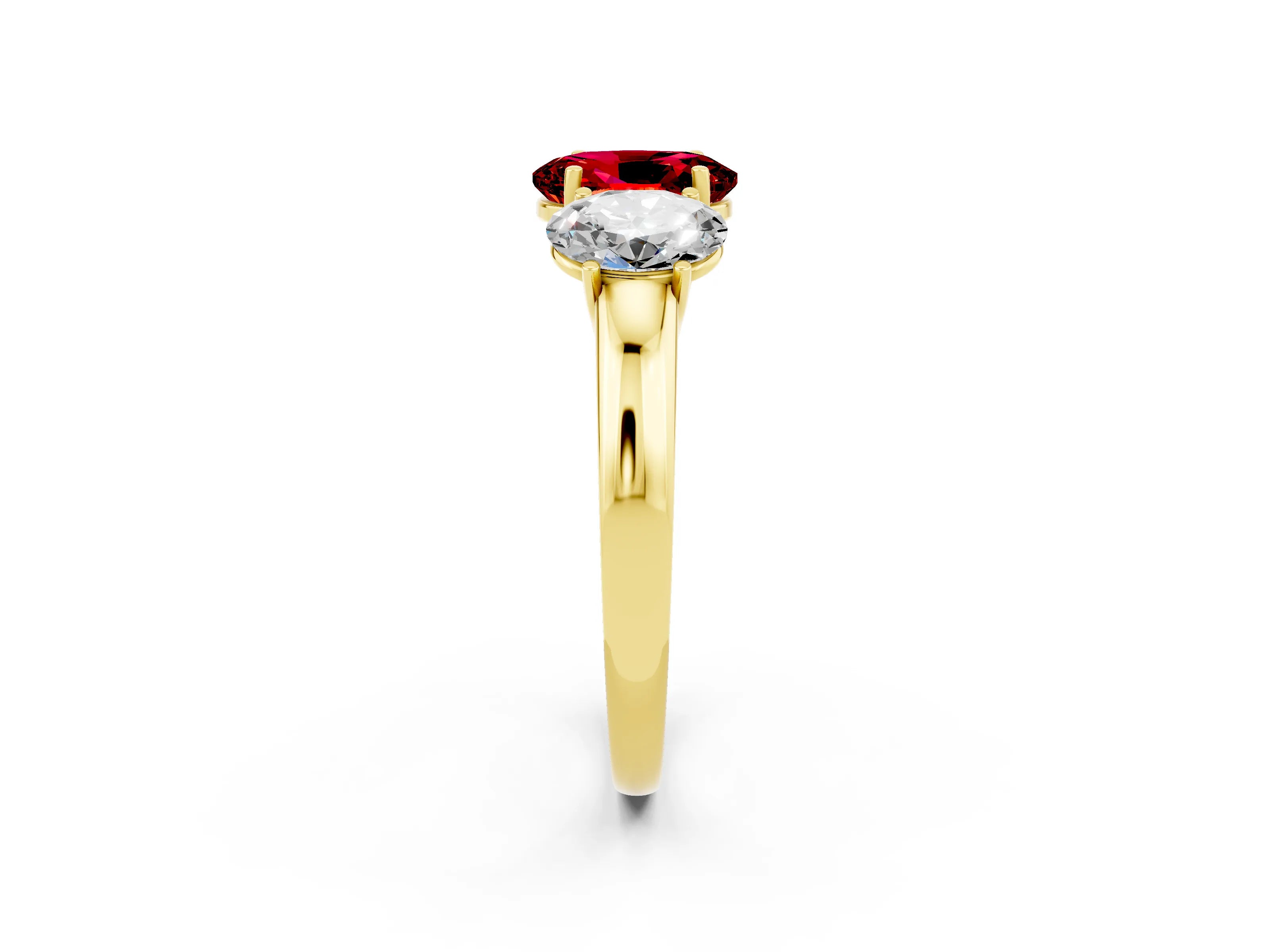 Yellow gold Oval Cut Ruby Three-Stone Ring with Four-Prong Setting and Classic Band_2