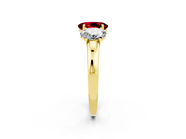 Yellow gold Oval Cut Ruby Three-Stone Ring with Four-Prong Setting and Classic Band