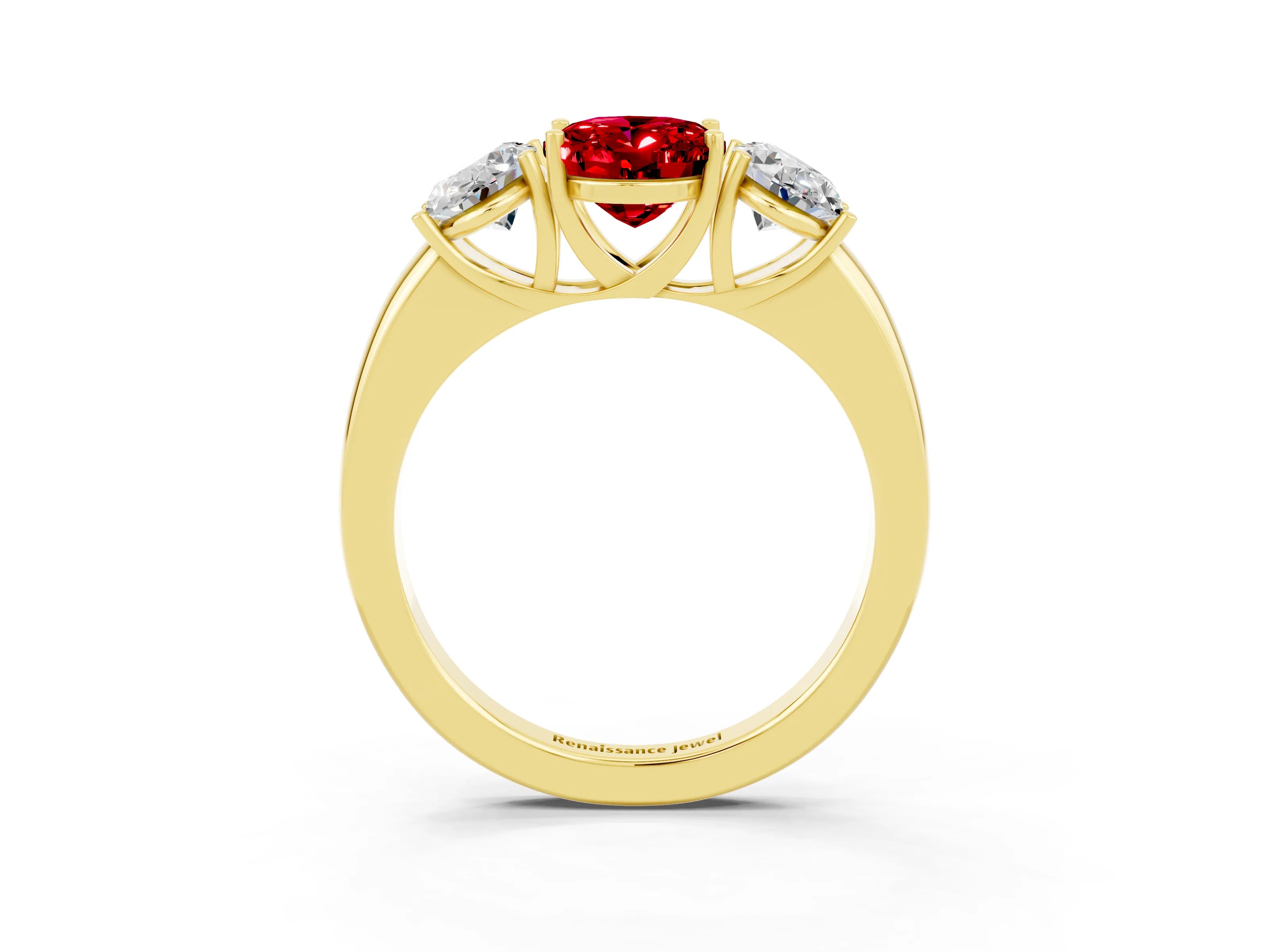 Yellow gold Oval Cut Ruby Three-Stone Ring with Four-Prong Setting and Classic Band_3