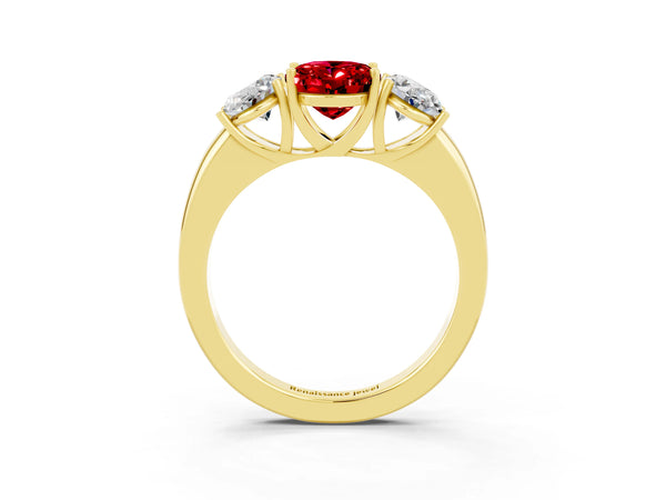 Yellow gold Oval Cut Ruby Three-Stone Ring with Four-Prong Setting and Classic Band