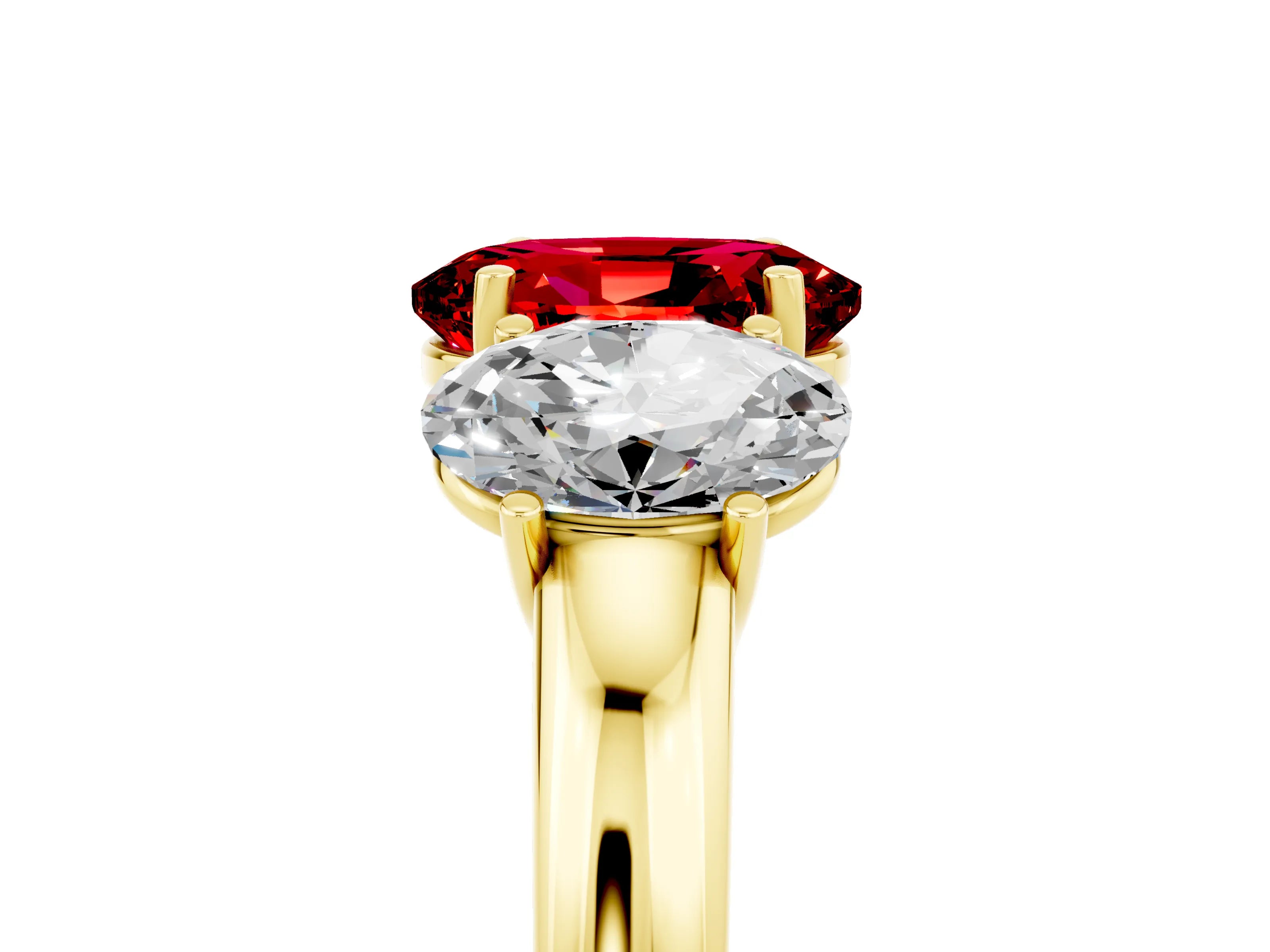Yellow gold Oval Cut Ruby Three-Stone Ring with Four-Prong Setting and Classic Band_5