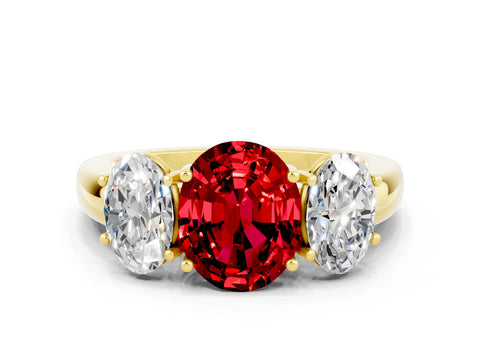 Yellow gold Oval Cut Ruby Three-Stone Ring with Four-Prong Setting and Classic Band
