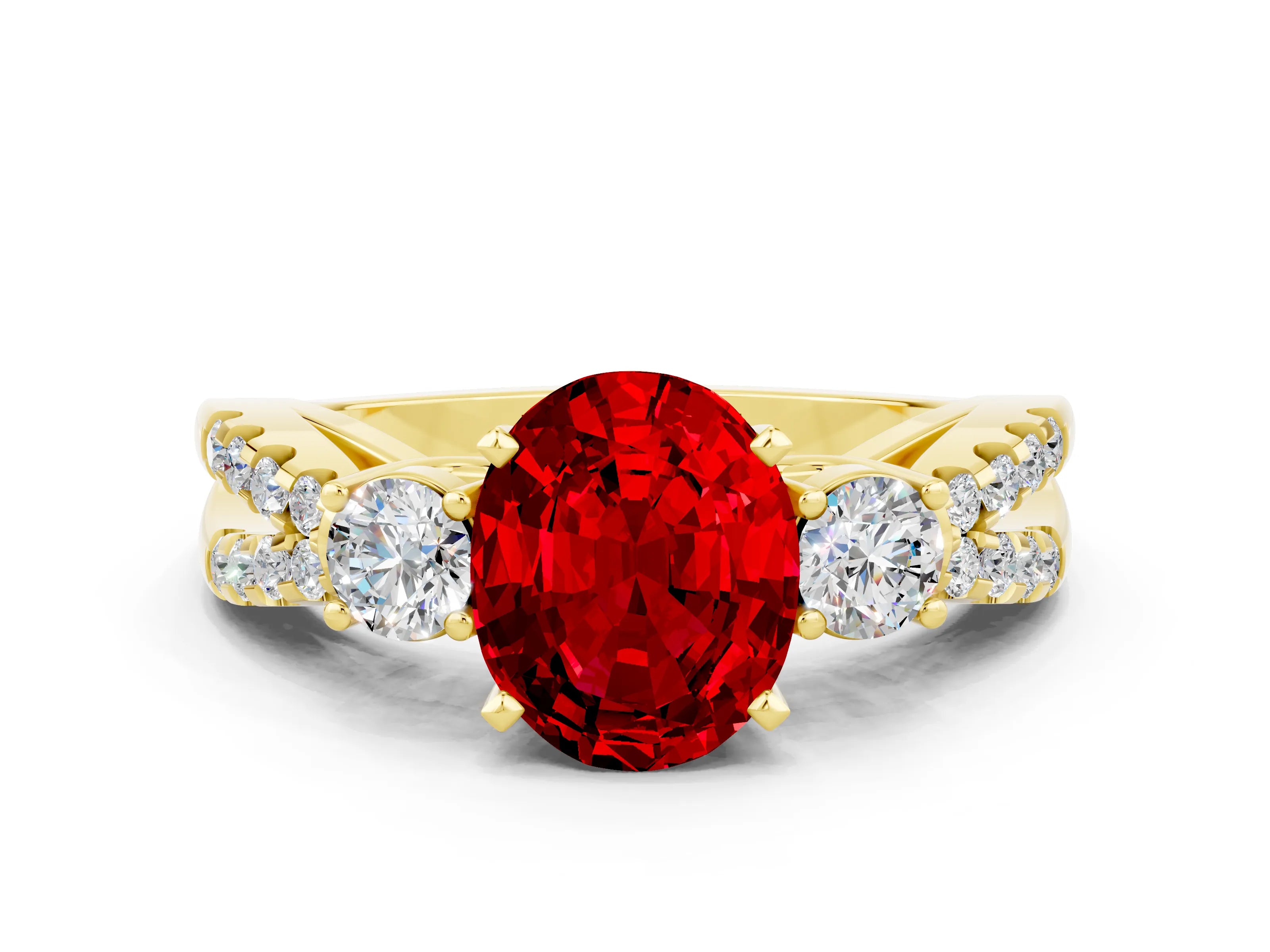 Yellow gold Oval Cut Ruby Three-Stone Ring with Pavé Split Shank and Four-Prong Setting_24