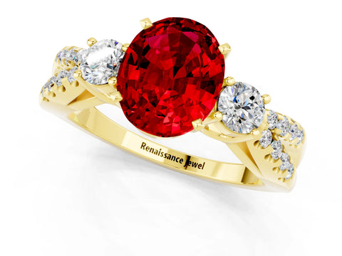 Yellow gold Oval Cut Ruby Three-Stone Ring with Pavé Split Shank and Four-Prong Setting_25