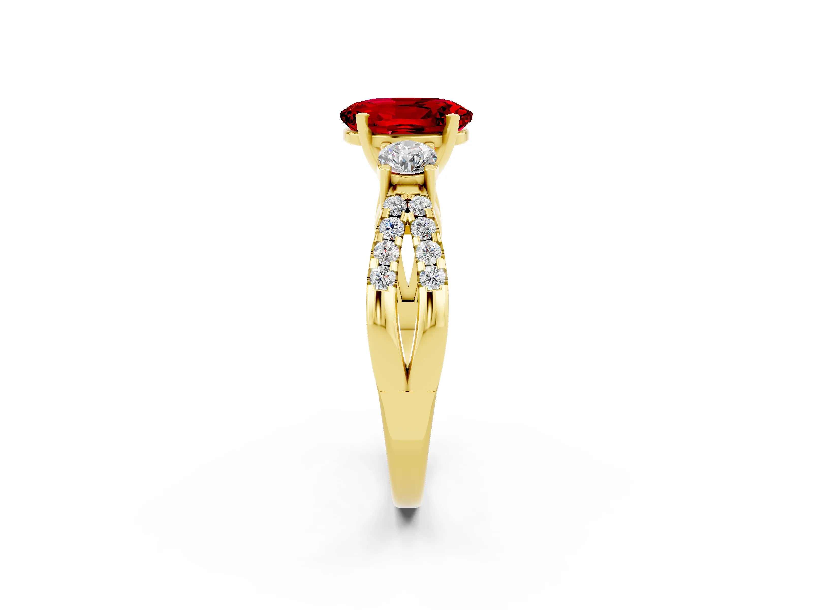 Yellow gold Oval Cut Ruby Three-Stone Ring with Pavé Split Shank and Four-Prong Setting_26