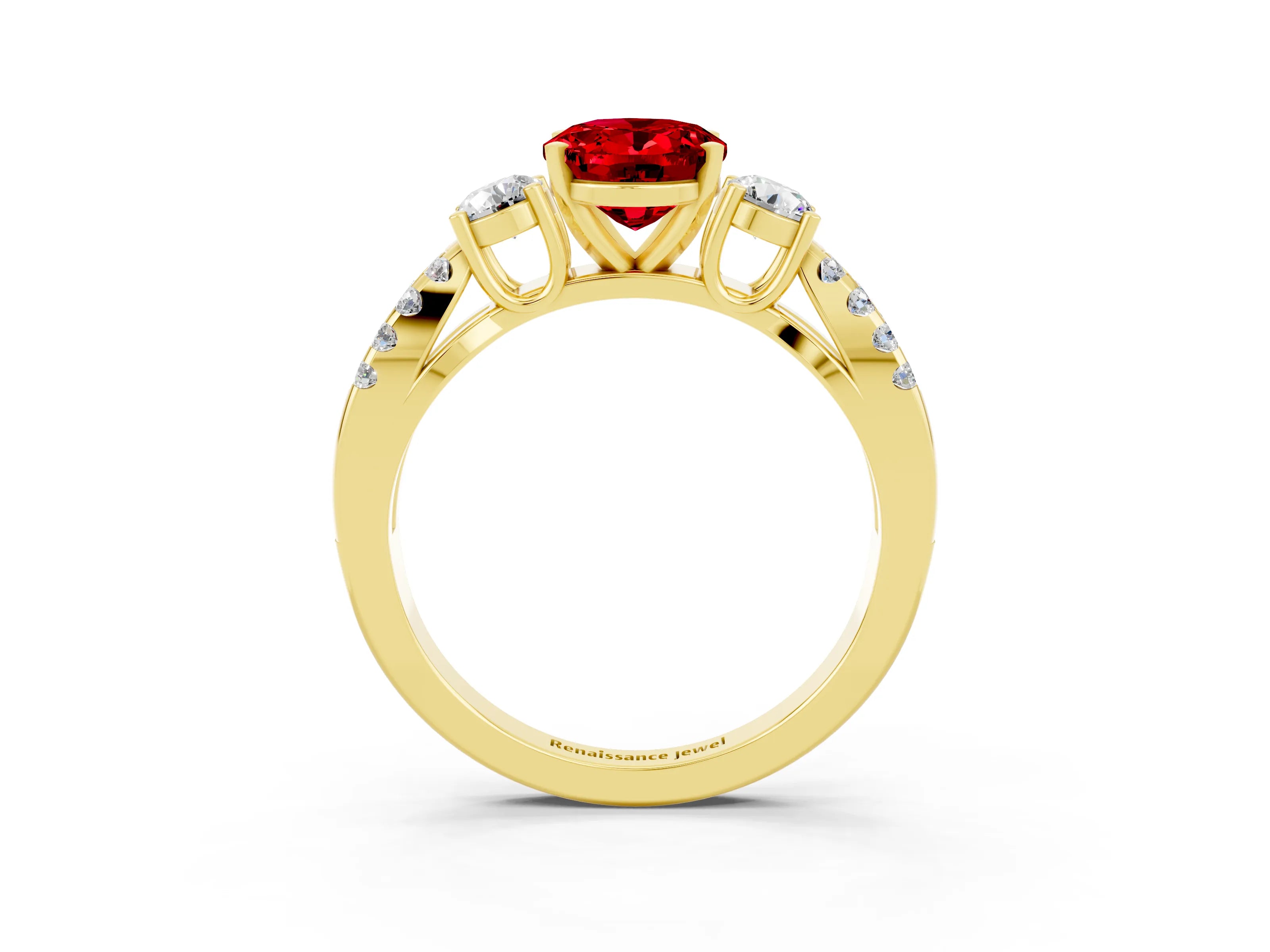 Yellow gold Oval Cut Ruby Three-Stone Ring with Pavé Split Shank and Four-Prong Setting_27
