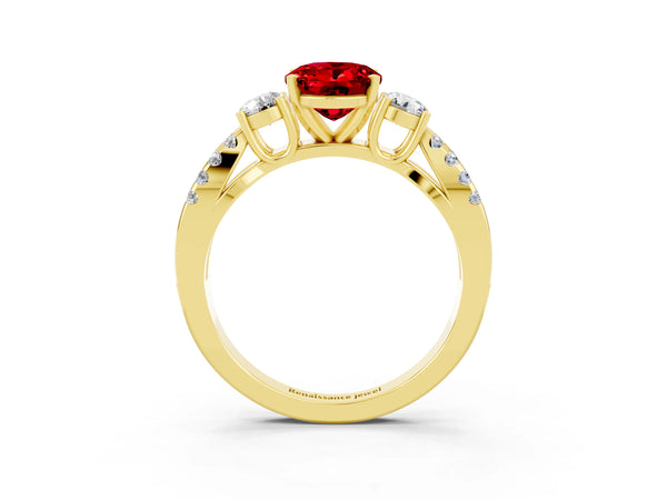 Yellow gold Oval Cut Ruby Three-Stone Ring with Pavé Split Shank and Four-Prong Setting