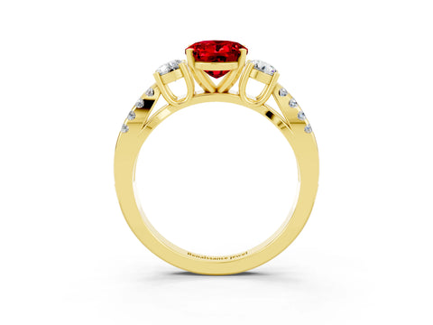 Yellow gold Oval Cut Ruby Three-Stone Ring with Pavé Split Shank and Four-Prong Setting_27
