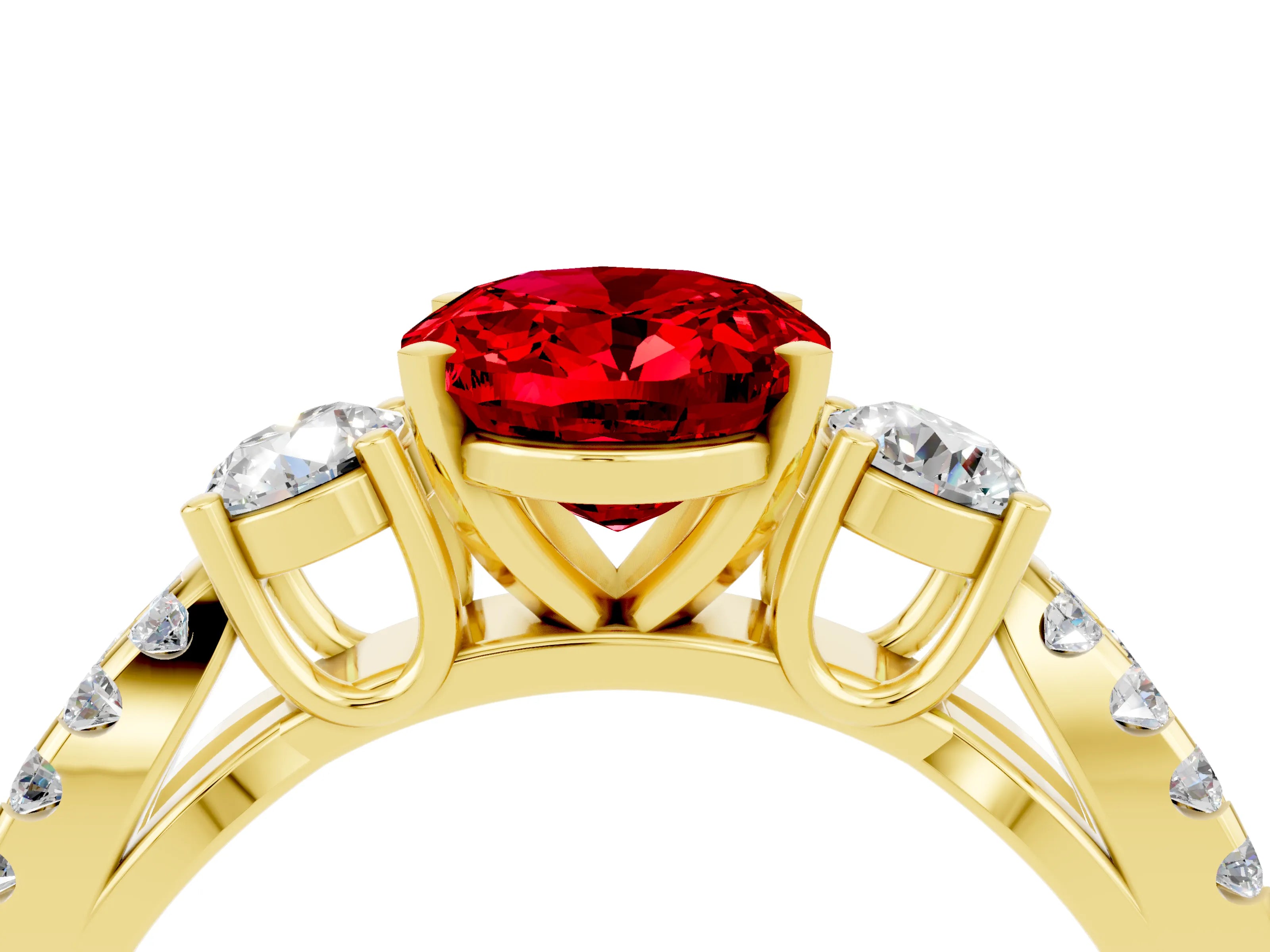Yellow gold Oval Cut Ruby Three-Stone Ring with Pavé Split Shank and Four-Prong Setting_28