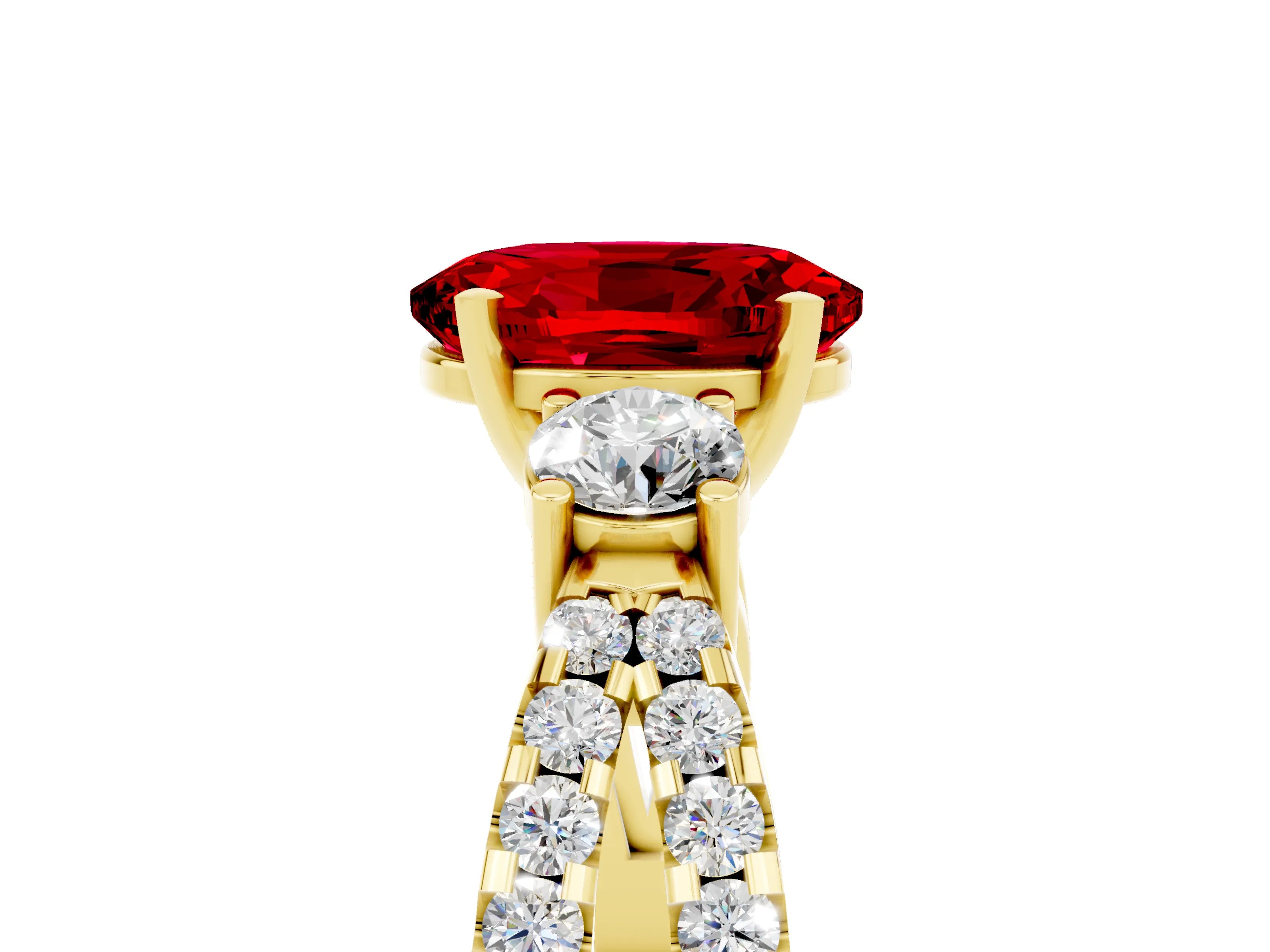 Yellow gold Oval Cut Ruby Three-Stone Ring with Pavé Split Shank and Four-Prong Setting_29