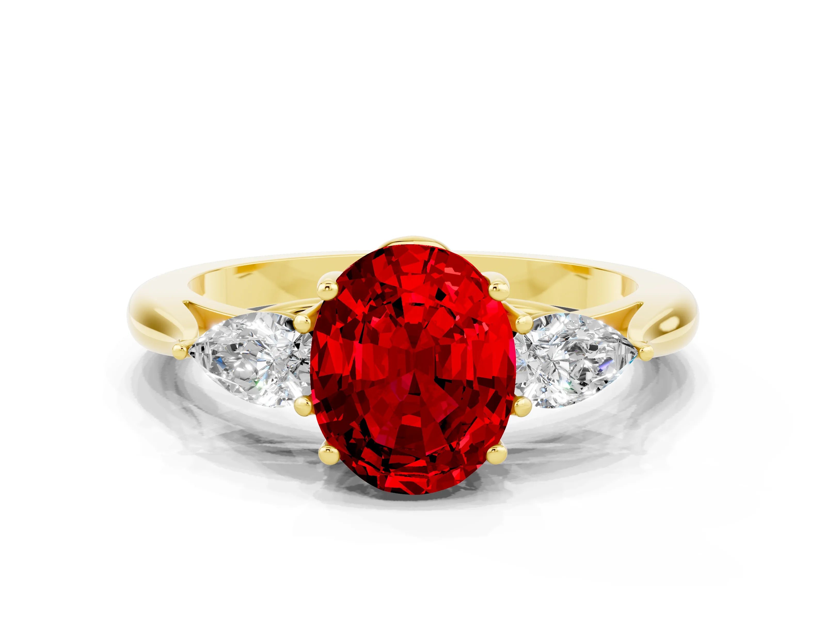 Yellow gold Oval Cut Ruby Three-Stone Ring with Pear Side Stones and Four-Prong Setting_35