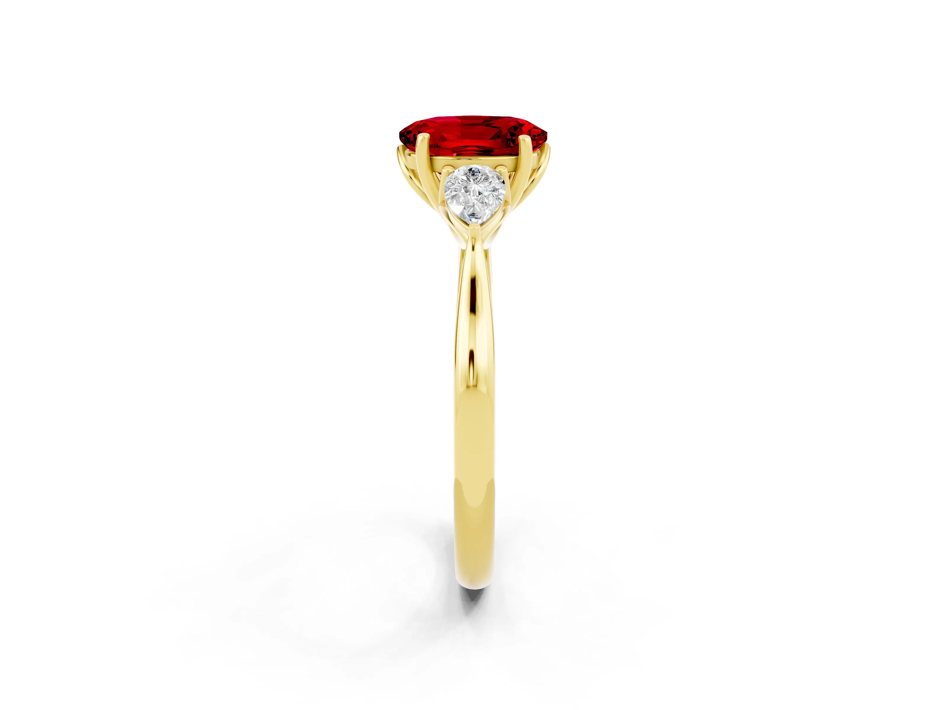 Yellow gold Oval Cut Ruby Three-Stone Ring with Pear Side Stones and Four-Prong Setting_37