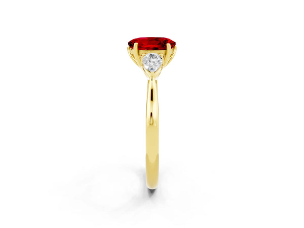 Yellow gold Oval Cut Ruby Three-Stone Ring with Pear  Side Stones and Prong Setting