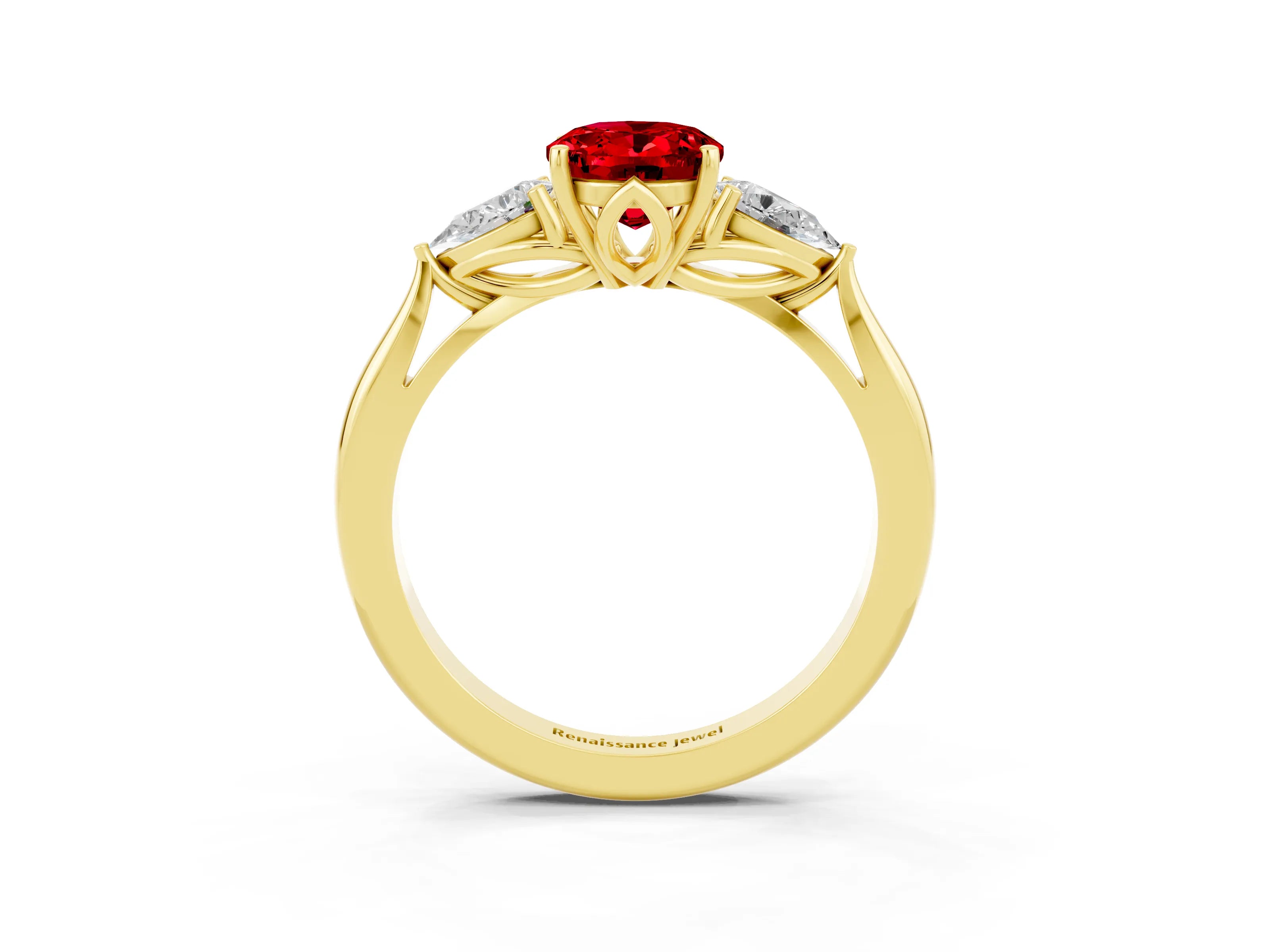 Yellow gold Oval Cut Ruby Three-Stone Ring with Pear Side Stones and Four-Prong Setting_38
