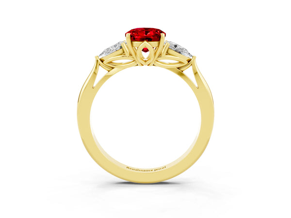 Yellow gold Oval Cut Ruby Three-Stone Ring with Pear  Side Stones and Prong Setting