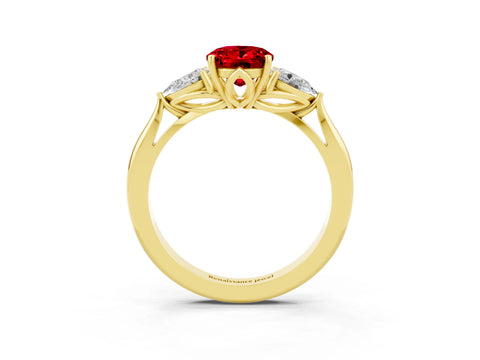 Yellow gold Oval Cut Ruby Three-Stone Ring with Pear Side Stones and Four-Prong Setting_38